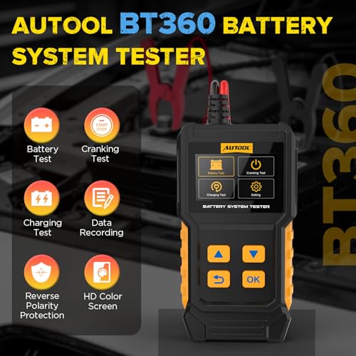 AUTOOL BT360 Battery System Tester, Car Battery Tester DC Charging Cranking Test 100-2000 CCA, 2.4" Color LCD Battery Monitor, Digital Auto Analyzer for Vehicle Truck Motorcycle