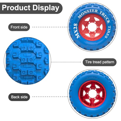 LRFHL MX28 F/R 2.8" RC Monster Truck Tires and Wheels 4PCS, Blue | 12mm/14mm Hex Adapter, 1/10 RC Monster Truck, Compatible with Traxxas Stampede Rustler Redcat Arrma Vorteks Big Rock Granite - color: Blue Tires+ Red Hex Wheel-4