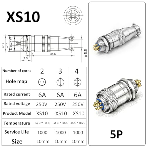 CLYXGS [4 Pack] XS10 Aviation Connector Plug & Socket, 5 Pin, Quick Push-Pull Ball Detent Locking, 10mm Panel Cutout, 6A 250V Industrial Metal Wire Connector Adapter (XS10-5P) - style: XS10-5
