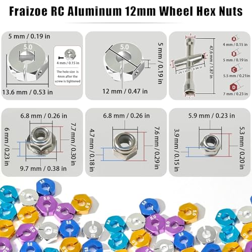 Aluminum 12mm Hex Wheel Hub 4Pcs w/Axle Pin M4 Flange Lock Nut Standard M3 M4 Nut 5mm Thickness Wheel Drive Adapter for 1/10 Traxxas HSP Redcat Rc4wd Tamiya Axial SCX10 WLtoy RC Car(25Pcs) - color: Silver, size: 5.0