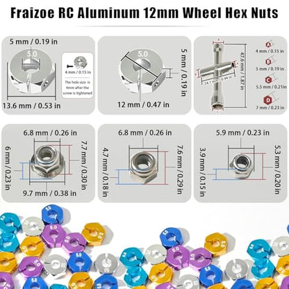 Aluminum 12mm Hex Wheel Hub 4Pcs w/Axle Pin M4 Flange Lock Nut Standard M3 M4 Nut 5mm Thickness Wheel Drive Adapter for 1/10 Traxxas HSP Redcat Rc4wd Tamiya Axial SCX10 WLtoy RC Car(25Pcs) - color: Silver, size: 5.0