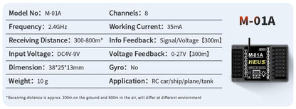 MEUS RACING 2.4GHz RC Receiver M-01A Long Range Control RX Compatible with MEUS Racing RC Transmitter ME-10B for RC Car/Boat/Tank etc. (8CH w/Light Control)