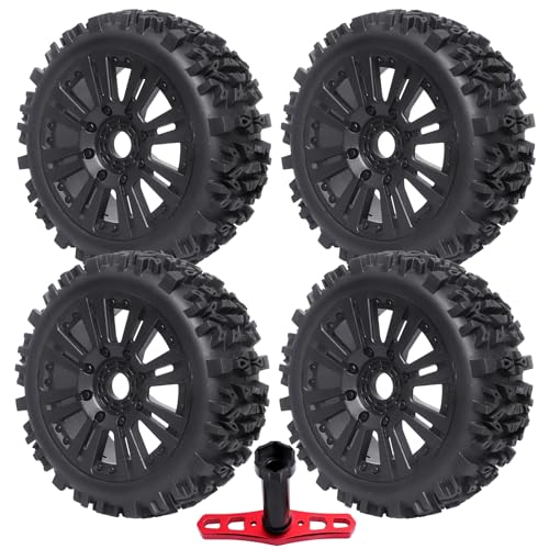 Pre-Glued RC Buggy Tires & Wheels Rims Set with Foam Inserts for 1/8 Arrma Typhon 6S 3S Blx Losi 8ight Tekno Kyosho Hobao Off-Road Car(4Pcs)