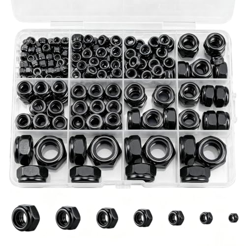 191 Pack Lock Nuts, Black 304 (A2-70) Nylon Insert Locknuts | M3 M4 M5 M6 M8 M10 M12 Lock Nuts, Stainless Steel Standard Inch Thread Nylock Nuts - color: Black, size: Metric