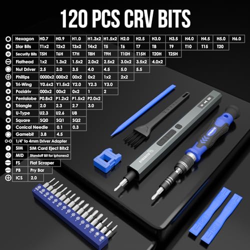 STREBITO 144-Piece Upgraded Electric Screwdriver | Max 0.7 N.m, 120 Magnetic Bits, 5-gear Torque Adjustment, Precision Screwdriver Set, Repair Tool Kit for Electronics and PC - color: Upgraded-blue