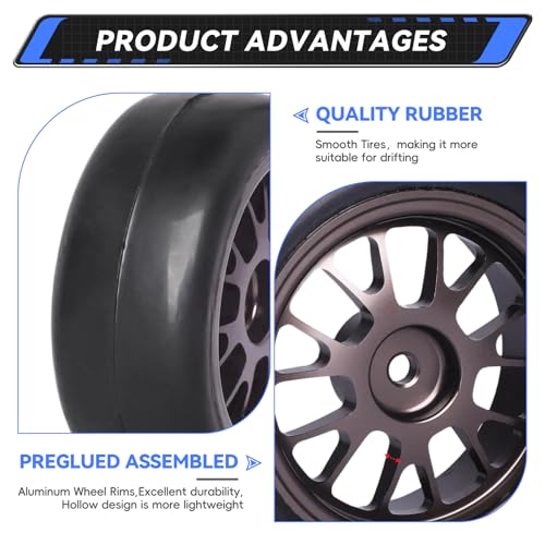 PreGlued Aluminum 12mm Hex Wheel Rims Metal and 2.56" Rubber Tires for 1/10 On-Road Touring Car RC Drift Car, Set of 4 (Edition B)