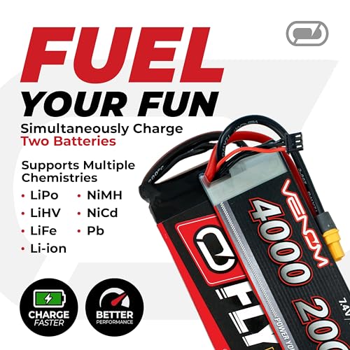 Venom Power Pro Duo LiPo Battery Charger - LCD Screen, Charging Leads - Balance Charger & Discharger for LiPo, LiHV, Li-Ion, Life, NiMH, NiCD, Pb Batteries - Power Supply for 1S- 6S, Drone & RC Cars