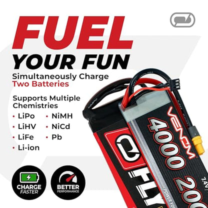 Venom Power Pro Duo LiPo Battery Charger - LCD Screen, Charging Leads - Balance Charger & Discharger for LiPo, LiHV, Li-Ion, Life, NiMH, NiCD, Pb Batteries - Power Supply for 1S- 6S, Drone & RC Cars