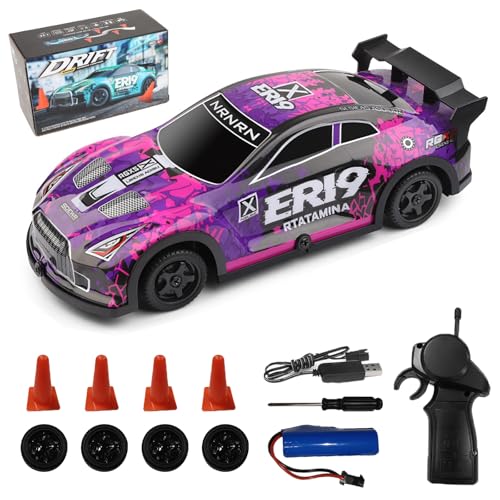 WLtoys 1:22 Scale RC Drift Car, 2.4GHz 4-Wheel Drive Rechargeable Electric Vehicle with LED Lights, Racing Tires, Racing Car Toy for Adults Teens (Purple) - color: Purple