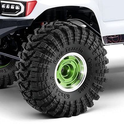 1.0" Beadlock Aluminum Wheels and 64mm Soft Rubber Tires | for SCX24, TRX4M, Ascent 18, FCX24, 1/18 1/24 RC Crawler, 7mm Hex, 0mm Offset, with Foam Inserts, (Green 356) - color: Green 356