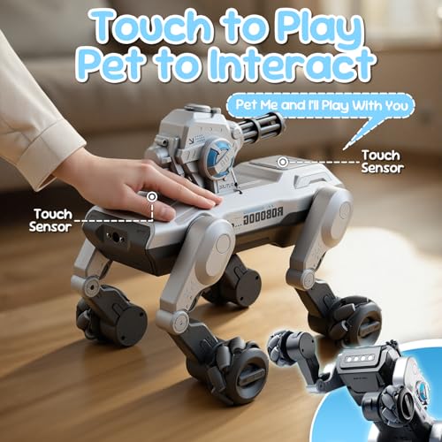 Smart Robot Dog RC Stunt Car Toys with Wheels, Remote Control STEM Pet Robot Toy with Music,Bionic Actions,Voice& Remote Control,Gesture Sensing,All-Terrain Stunt Pet Toy with Blaster foy Kids - style: Robot Dog with Wheels