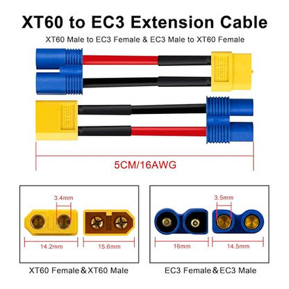 2-Inch 16AWG Silicone Wire XT60 Male to EC3 Female Adapter - High Temp 248°F, 600V, for FPV Drones, RC Cars, Battery Chargers & ESC