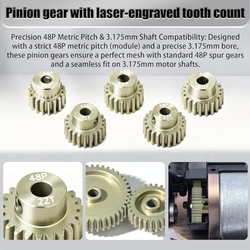 5Pcs 48P Aluminum Alloy Pinion Gear Set 3.175mm 18T 19T 20T 21T 22T Motor Pinion Gear W/ M4 Screw and Hex Key, Fit 3.175mm (1/8-Inch) Shaft, for Arrma HPI Kyosho Losi Axial Traxxas Tamiya 1/10 RC Car - size: 48P-P-3.175mm-18-22T