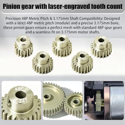 5Pcs 48P Aluminum Alloy Pinion Gear Set 3.175mm 18T 19T 20T 21T 22T Motor Pinion Gear W/ M4 Screw and Hex Key, Fit 3.175mm (1/8-Inch) Shaft, for Arrma HPI Kyosho Losi Axial Traxxas Tamiya 1/10 RC Car - size: 48P-P-3.175mm-18-22T