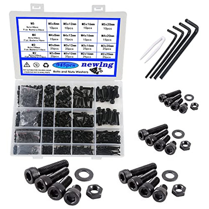 newlng Screws Assortment Kit M2 M3 M4 M5 Metric Black Bolts and Nuts Washers Set 945pcs 10.9 Carbon Steel Hex Socket Head Cap Machine Screws,for Metal Wood Plastic DIY Equipment Maintenance DIN912 - size: P-M2345