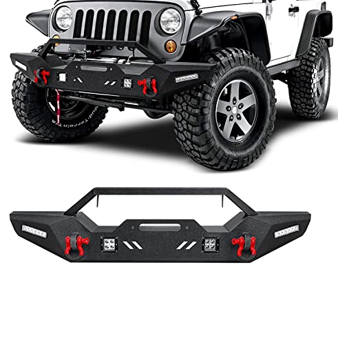 Front Bumper for 2007-2023 Wrangler JK, AAIWA Offroad Steel Bumper Full Width with 2" Hitch Receiver, LED Light Bars, and D-rings - size: 2007-2023 JK Front Bumper with LED Lights