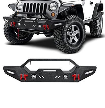 Front Bumper for 2007-2023 Wrangler JK, AAIWA Offroad Steel Bumper Full Width with 2" Hitch Receiver, LED Light Bars, and D-rings - size: 2007-2023 JK Front Bumper with LED Lights