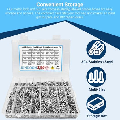 3360Pcs M2 M3 M4 M5 Stainless Steel Ultra Low Flat Head Hex Socket Cap Screws Assortment Kit, 304 Stainless Steel Metric Machine Screws with Hex Nuts, Flat Washers, Lock Washers - color: 3360 M2 M3 M4 M5 U