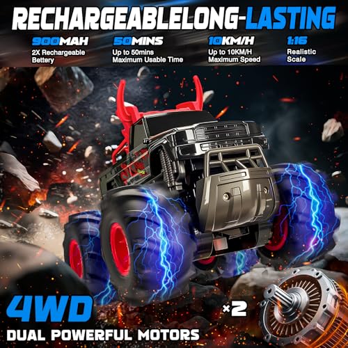 Remote Control Car for Kids, Waterproof RC Monster Truck with Gesture Band | All Terrain Waterproof RC Car Drives on Land and Water with 4WD, LED Lights, Spray, 360° Stunts, Tracks and 50+ Min Play - color: Red