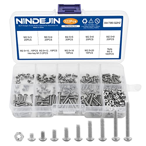 NINDEJIN 322 Pcs M2.5 Small Metric Screw Bolts Assortment, Button Head Socket Cap Screw Bolts and Nuts with Allen Key, M2.5 x 3/4/5/6/8/10/12/16/20 mm Screw Bolt, 304 Stainless Steel Screws and Nuts - size: 322Pcs M2.5 3mm-20mm