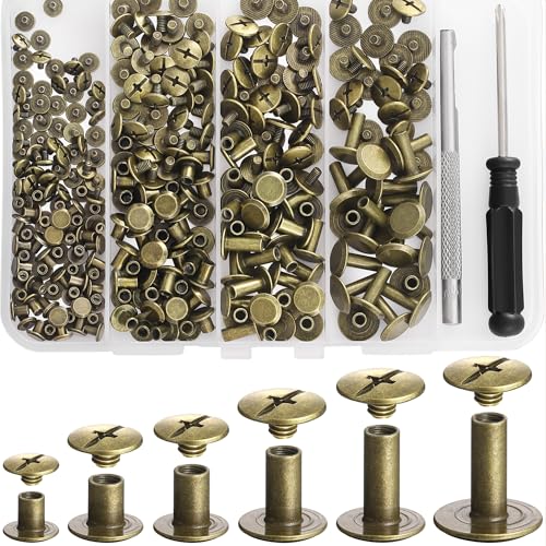 YORANYO 140 Sets Chicago Screws Leather Rivets Kit for Fabric Leather Crafting 6 Sizes Chicago Binding Screws for Decorate and Repair Belt Bag Shoes Purse Pet Collar Clothing Bookbinding (Bronze) - color: Bronze