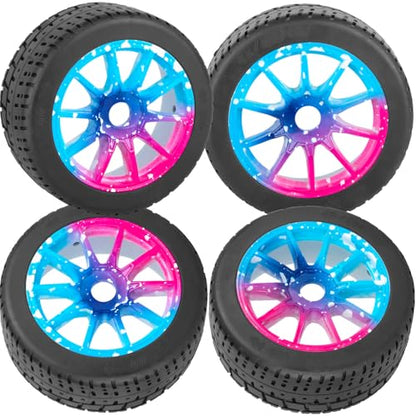 RC Highway Tires Wheel for 1/8 Typhon 6s BLX,1/7 Infraction 6S BLX/Limitless,RC Drift Off Road Buggy Rally Truck Wheels and Tires,4PCS RC High Speed Wheel Highway Rubber Tires,Blue Pink - color: Blue Pink - (4pcs High Speed Wheel)