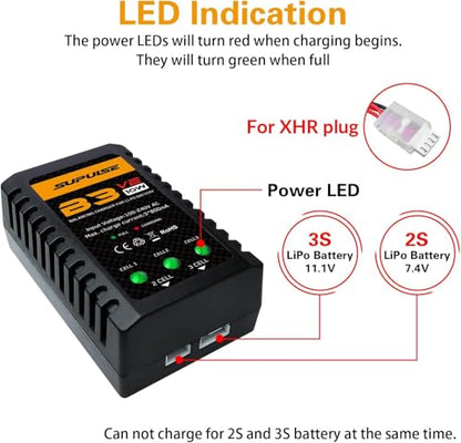 SUPULSE LiPo Battery Charger 2S-3S RC Balance Charger AC 7.4-11.1V 10W Upgrade Version Compact Lipo Charger for XHR Plug Battery(B3V2)