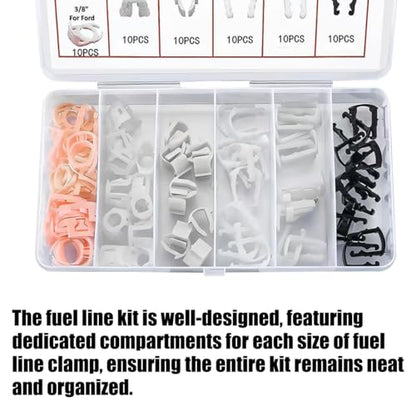 70PCS Car Fuel Line Retainer Clips, 7 Size Vehicle Fuel Hose Retaining Clamp, Automotive Gas Tank Line Clips Assortment Replacement, Compatible with 3/8" & 5/16" Hose Pipe