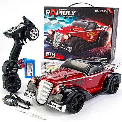 1/16 Scale 4WD Retro RC Drift Car with 35km/h Speed, 390 Motor, IPX4 Waterproof, LED Headlights, 2.4GHz Full Proportional Control Great Gift for Adults-Metal Red - color: Metal Red