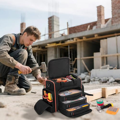 Marscamd Tool Bag with 3 Removable Cases, 2 Layers Tool Tote for Hand Tools | with Front Molle Straps & Detachable Shoulder Strap, Black with Red Binding - color: Black with Red Binding