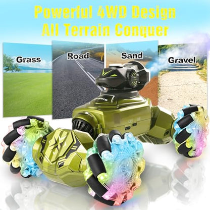 Gesture Sensing Remote Control Car, RC Cars Toys for Boys Age 6-12, 4WD Hand Controlled Twist & Transform 360° Spins Stunt Car with Mist, Light & Music, 8-10 Year Old Boys Birthday Gift Green - color: Green