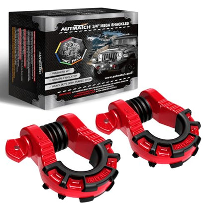 AUTMATCH D Ring Shackles 3/4" Mega Shackle (2 Pack) 68,000Ibs Break Strength - Heavy Duty Clevis Shackles with 7/8" Screw Pin and Isolator Washer for Tow Strap Winch Off Road Vehicle Recovery, Red - color: Red