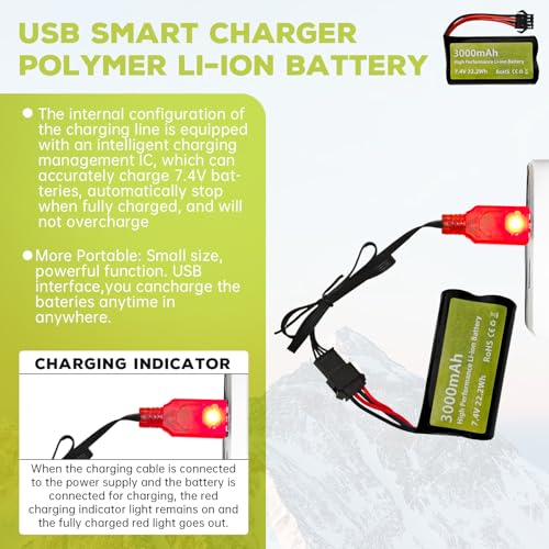 sea jump 2PCS 7.4V 3000mAh 15C 2S SM-4P Plug Li-ion Battery with USB Charger for EC08 DE85 RC Car, Truck RC Ship RC Drone Engineering Vehicle Backup Battery