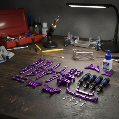 Set RC Car Kit Chassis Upgrade Steering Cups Swing Arms Aluminum 6061 CNC Machined Adjustable Tie Rods Semi Metal Shocks Suitable for 1/14 14211, Purple - color: Purple