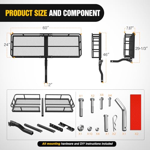 Nilight 60" x 24"x 7.87" Carrier & 5/8" Pin Clip Fits 2-Inch Receiver 500 Lbs Heavy Duty Capacity Luggage Basket Fold Up for SUV Pickup Camping Traveling - style: 24"x 60"x 7.87" Hitch Basket