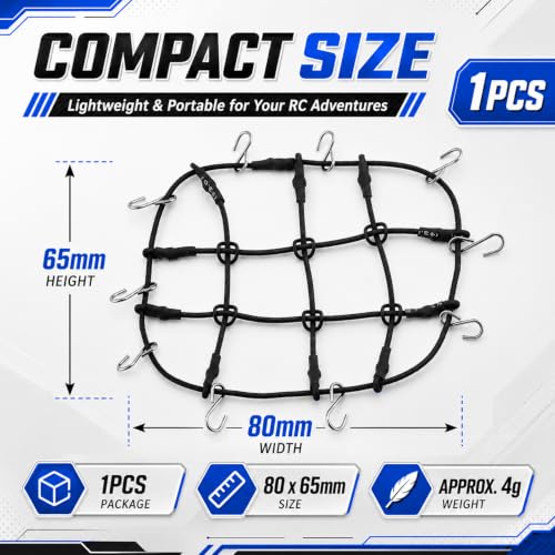 1:24 RC Roof Cargo Net with Hooks, 80x65mm Elastic Luggage Net for Axial SCX24 90081 AXI00002 AXI00001 AXI90081 C10 JLU Gladiator Bronco TRX4M 1/24 1/18 RC Crawler Scale Accessories, Black - color: Black