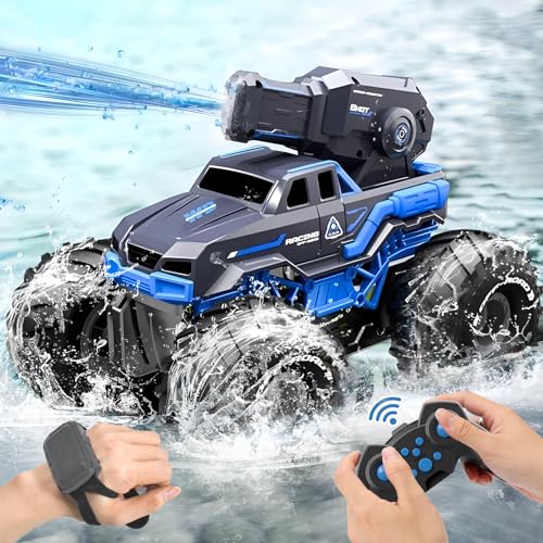 Amphibious Remote Control Car Boat Water Squirt RC Tank 2.4GHz Gesture Sensor 4WD Monster Truck Waterproof RC Car for 6 7 8 9-12 Kids Girls Boys Gift Beach Pool Water Toy With 2 Replaceable Batteries - color: Bule