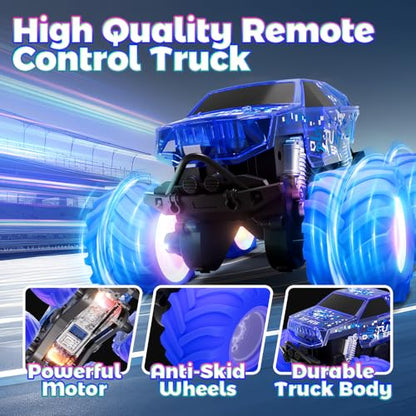 Drefirsa Waterproof Remote Control Monster Truck, Remote Control Car Toy | Amphibious, 4WD All Terrain RC Truck with Colorful Light, RC Stunt Car Toy for 6 7 8 9 10 11 12 Year Old Boy Birthday Gift - color: Blue