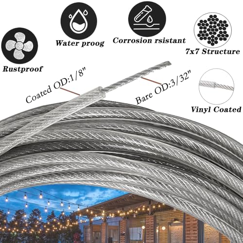 Roxanned 1/8" Wire Rope Kit 100FT | 7x7 Core Vinyl Coated Stainless Steel Cable with Turnbuckles | Heavy-Duty for String Light, Garden Fence, Plant Hanger & Outdoor Decor - size: 100 ft