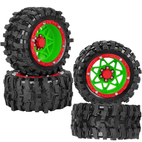 1/16 RC Wheels and Tires 4PCS, RCHuiWow 12mm Hex Plastic Rim Tires Set for 1/16 M-J-X16207-210,H-B-X16889-890,S-C-Y16101-106,Summit E-Revo Gorgon Grom,Mini Kraton 3S RC Truck Upgrades,Green&Red - color: Green&red(4pcs)