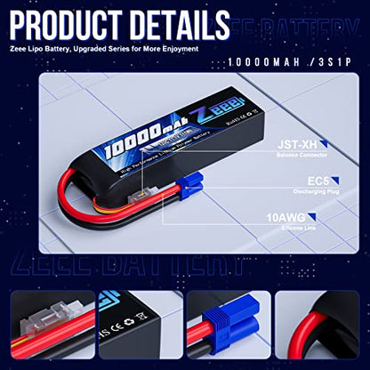 Zeee 3S Lipo Battery 10000mAh 11.1V 120C with EC5 Connector Soft Case RC Battery for RC Car Truck Tank Racing Hobby Models (2 Pack)