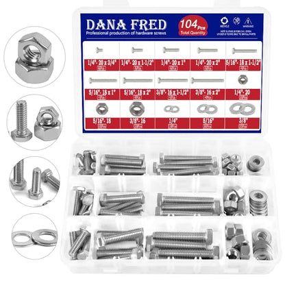 104pcs 304 Stainless Steel Bolts Nuts and Washers Kit,1/4-20,5/16-18,3/8-16 Hex Bolts Nuts Washers Assortment,15 Sizes Machine Screw Assortment Kit for Electronic Product, Small Repairs of Door Handle