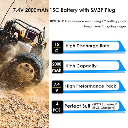 2S RC Battery 2000mAh 7.4V Li-ion Battery with SM3P Plug 2S Rechargeable RC Battery with 2 USB Chargers Fit for RC Toys RC Car Truck and RC Tank