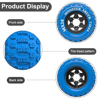 LRFHL MX28 F/R 2.8" RC Monster Truck Tires and Wheels 4PCS, Blue | 12mm/14mm Hex Adapter, 1/10 RC Monster Truck, Compatible with Traxxas Stampede Rustler Redcat Arrma Vorteks Big Rock Granite - color: Blue Tires+ Black Hex Wheel-2