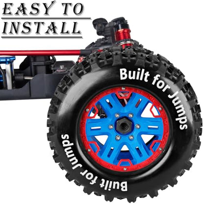 RC Truck Tires 1/8 17mm Hex RC Wheel Tires for 1/8 Monster Truck Tires Traxx as/Arrm a 6S/Summi t/ERveo/Redc at/HPI JLB Cheetah RC Off-Road etc,Hard Plastic Rubber Tyres,Red&Blue - color: Red With Blue(4PCS）