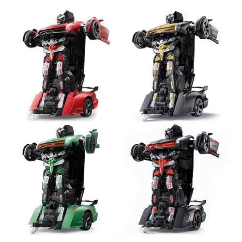 Veeniix V992 4-Pack: Gray, Red, Green & Golden Transform Robot RC Cars, 1:14 Scale 2-in-1 Auto-Transforming Toy with Gesture Control, Sound & Lights, Ideal Gift Set for Kids