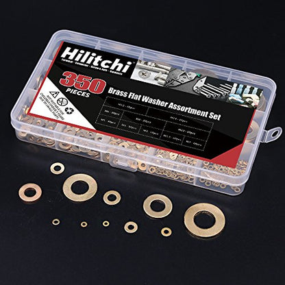 Hilitchi 350-Pcs [10 - Size] Brass Flat Washer Assortment Set - M2 M2.5 M3 M4 M5 M6 M8 M10 M12 M14