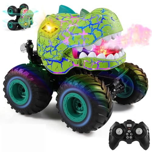 DYODYORC Remote Control Car, 2.4Ghz All Terrain Dinosaur Monster Truck Toys, RC Truck with Spay, Music, 3 Lighting Effects, Stunt Capable, Toy Gifts for Boys and Girls (Green) - color: Green