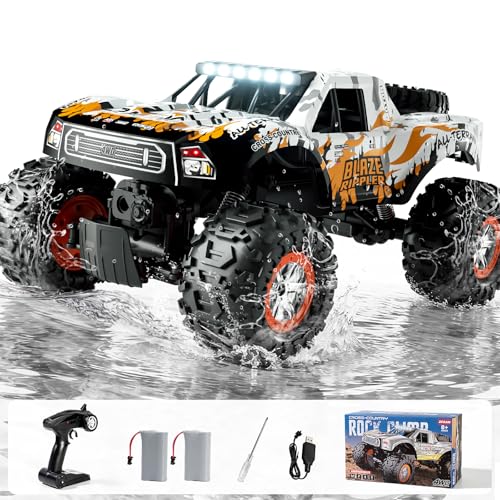 1:10 Amphibious Remote Control Car, 2.4 GHz Waterproof Monster Truck Toys RC Cars, 4WD All Terrain Off-Road Pickup RC Trucks , 2 Batteries 60Mins Play, Kids Toy Gift for Adults Kids Boys Girls