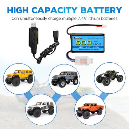 7.4V 500mAh 30C PH2.0 Plug Lipo Battery with USB for AX24 SCX24 RC Car, Compatible with Most 1/10, 1/16, 1/18, 1/24 Proportional Remote Control Trucks, RC Drones (1PCS Battery+1USB)